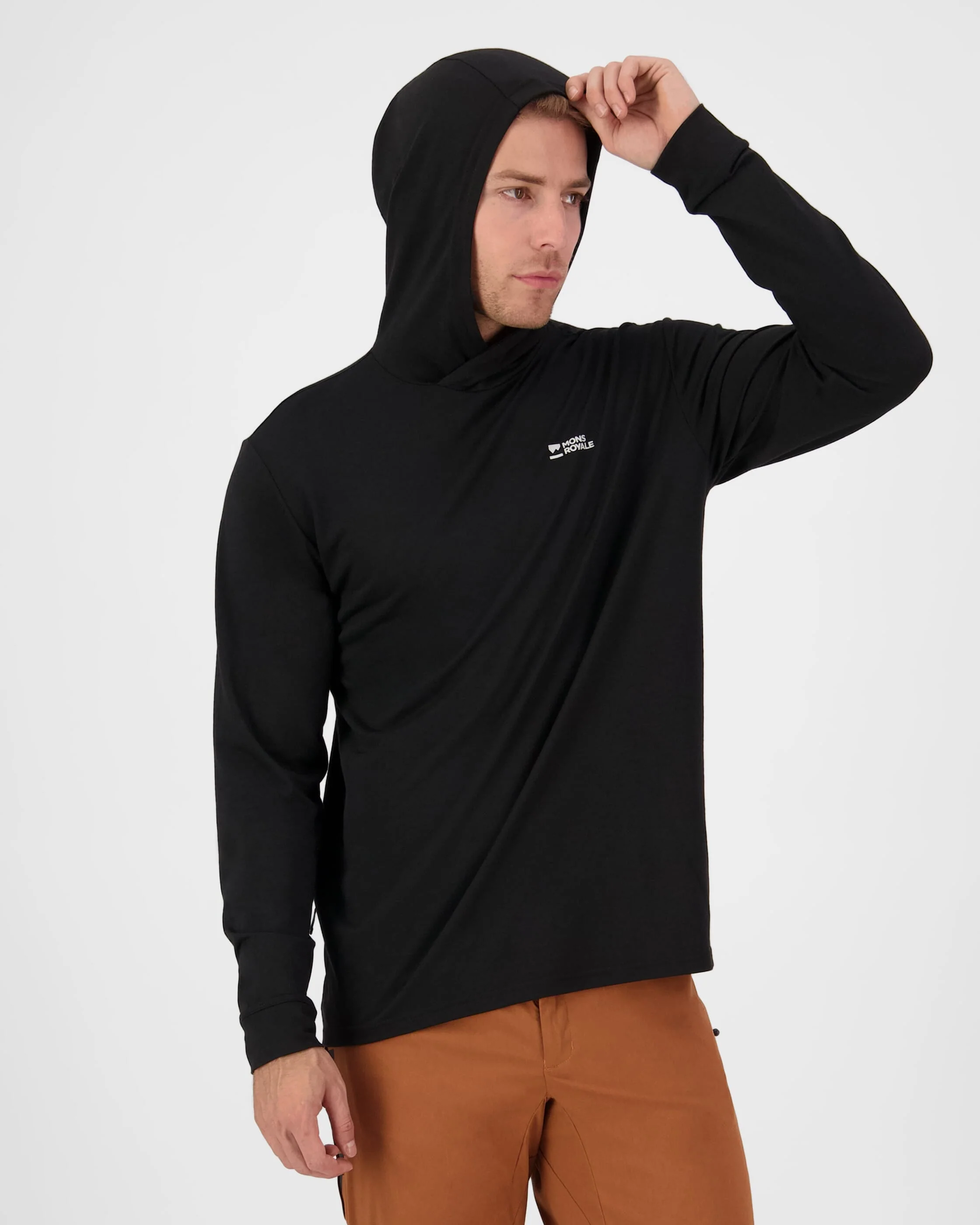 Pivot Merino Long Sleeve Hood - Black | Men's Long Sleeve Top